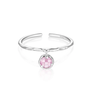 Close-up of S925 silver ring with hammered texture and a pink zircon stone pendant