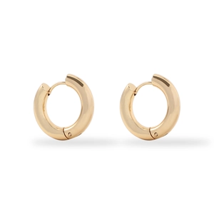 Detailed view of shiny 18K gold-plated geometric hoop earrings with polished metal texture