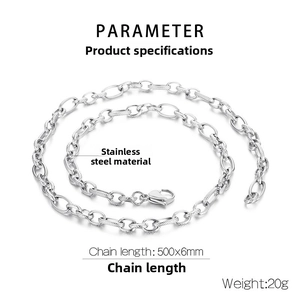 Macro detail of silver stainless steel O-chain necklace with knurled texture and lobster clasp