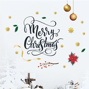Stickers muraux de Noël avec lettrage Merry Christmas, flocons dorés et baies rouges