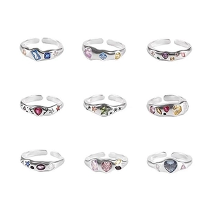 Colorful zircon heart rings set in silver finish with multi-shape stones and open band