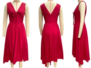 Detailed three-view layout of red deep V-neck sleeveless midi dress with waist tie and back zipper