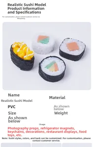 Macro shot of realistic PVC sushi models featuring salmon and egg nigiri details
