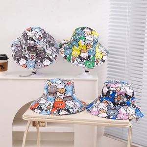 Kids cartoon animal print bucket hats in four colors with adjustable chin straps