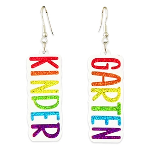 Detail of glitter rainbow KINDER GARTEN acrylic earrings with glossy finish