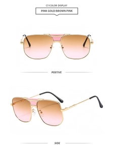 Dettaglio degli occhiali da sole aviator oro rosa con lenti sfumate marrone-rosa e doppio ponte