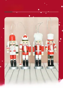 Detail of four 13cm wooden Nutcracker soldier ornaments with traditional festive weapons