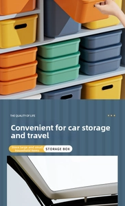 Stackable plastic storage bins with handles for home organization and car trunk use