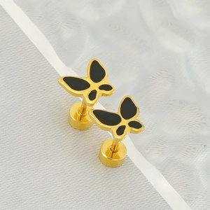 Chic butterfly stud earrings in gold stainless steel with black enamel and screw back