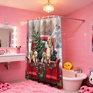 Detail of Christmas shower curtain featuring puppies in a red truck on waterproof polyester