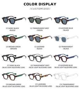 Detailed color chart of polygon sunglasses featuring 12 frames and blue light blocking lenses