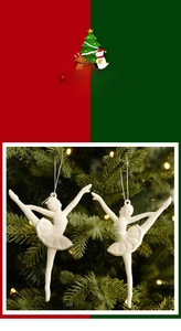 Detailed view of white glitter ballerina Christmas ornaments hanging on a festive tree