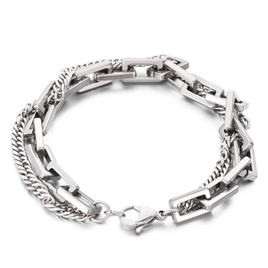 Minimalist double-layer silver Cuban chain bracelet with rectangular links and lobster clasp