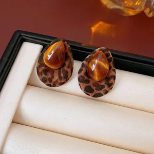 Waterdrop Stud Earrings Alloy Resin Cat Eye Stone Leopard Flocking With Silver Earring Post Vintage For Women