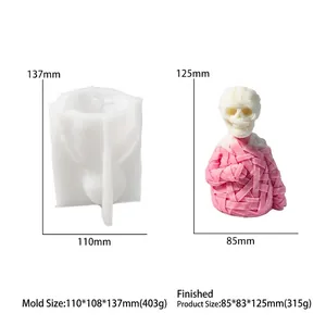 Detailed view of mummy skull silicone mold with specific dimensions and textured finish