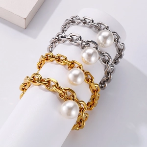 Titanium steel thick chain bracelet with a large white pearl pendant in gold and silver