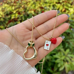 18K Gold Plated Copper Zirconia Heart Playing Card Ace Necklace French Vintage Unisex Pendant Necklace Jewelry Gift