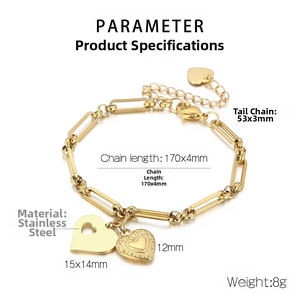 Detail view of golden stainless steel heart bracelet with chain length specifications