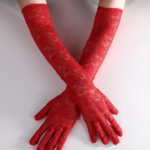 Elegant red lace gloves featuring floral patterns in a long elbow-length design