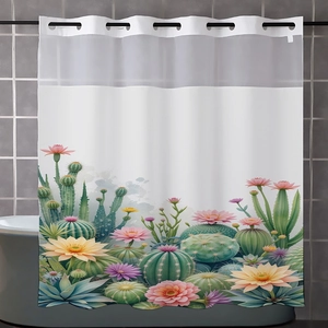 Detail of floral cactus print shower curtain with breathable white mesh and metal eyelets