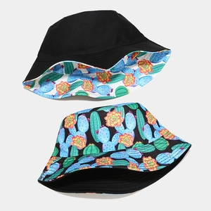 Detail of reversible bucket hat showing black side and tropical cactus floral print