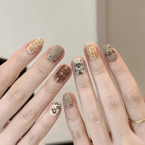 Cute Cartoon Dog Graffiti Press On Nails Earth Tone Plaid Heart Pattern Short Square Round Glossy Plastic Fake Nails