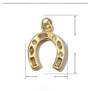 Detailed dimension guide for golden horseshoe pendant with copper and zircon inlay