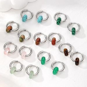 Stainless Steel Hoop Earrings With Natural Stone Beads Retro Geometric Huggie For Women Versatile Jewelry Gift