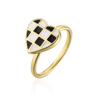 18K gold plated heart ring with black and white checkerboard enamel pattern