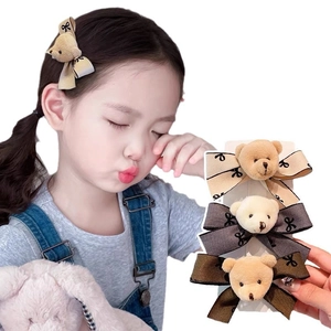 Cute plush teddy bear and bow hair clips set for girls in beige, gray and brown