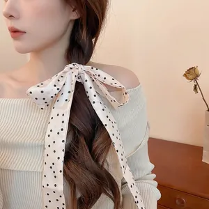 Elegant polka dot satin silk scarf for long hair braid decoration in cream and black