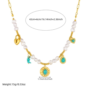 Vintage gold turquoise heart necklace with baroque pearls and size specifications