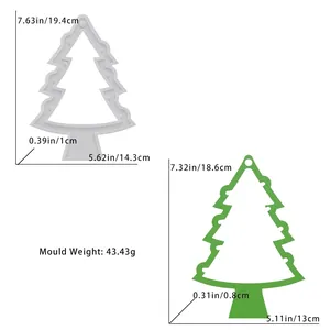 Detailweergave van grote en kleine kerstboom siliconen mallen met afmetingen in cm