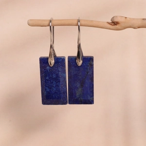 Detailed shot of dark blue rectangular lapis lazuli dangle earrings on a wood branch