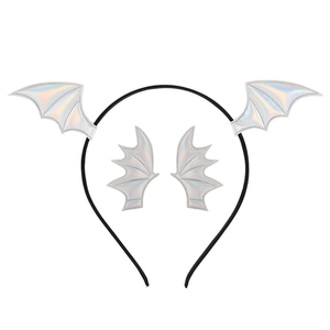 Detailed view of holographic silver bat wings attached to a sleek black headband