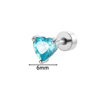 Sparkling blue heart-shaped ear stud with a secure 6mm screw back in polished silver metal