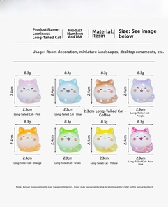 Detailed size specifications for 8 colors of luminous resin long-tail cat figurines