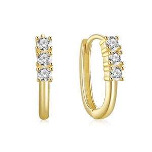 Close-up of gold-plated S925 silver hoop earrings with three round inlaid zircon stones