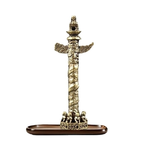 Vintage brass Chinese dragon pillar sculpture on wooden base for office desk decor
