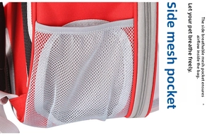 Detail shot of the red pet backpack featuring side mesh pockets for breathable air circulation