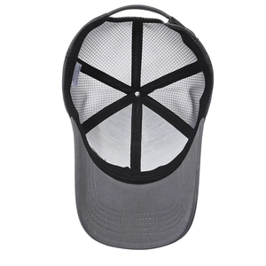 Internal view of a grey and black mesh trucker hat with sweatband and wash label