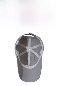 Detail view of quick-dry baseball cap inner structure with metal buckle and breathable holes