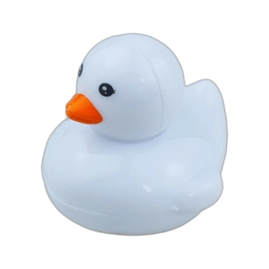 Realistic white duck toy pen with bright orange beak on a clean white background