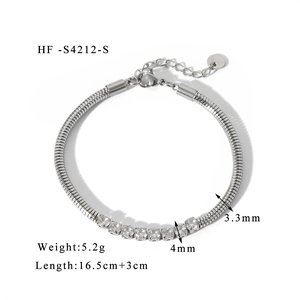 Detail view of 18K gold-plated stainless steel bracelet with dimensions and zircons