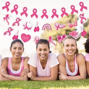 Pink Breast Cancer Awareness banner set featuring ribbons and hearts for party decor