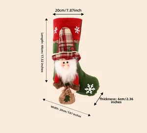 Detailed size chart of Christmas stocking featuring a 3D gnome doll and snowflake patterns