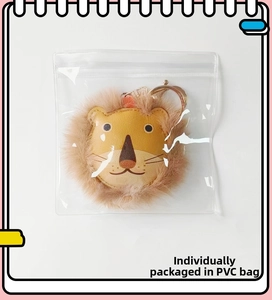 Cute lion plush leather keychain individually packed in a clear PVC protective bag