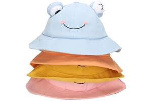 Vertical stack of toddler frog bucket hats in blue, orange, yellow, and pink cotton fabric