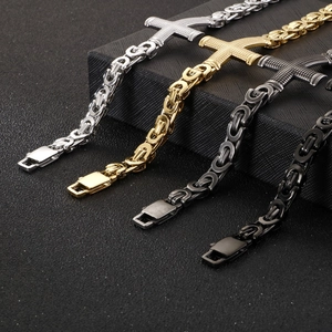 Men's stainless steel cross pendant bracelets in silver, gold, gunmetal and black finishes