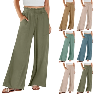 Casual linnen katoenen damesbroek met wijde pijpen en elastische taille in diverse kleuren